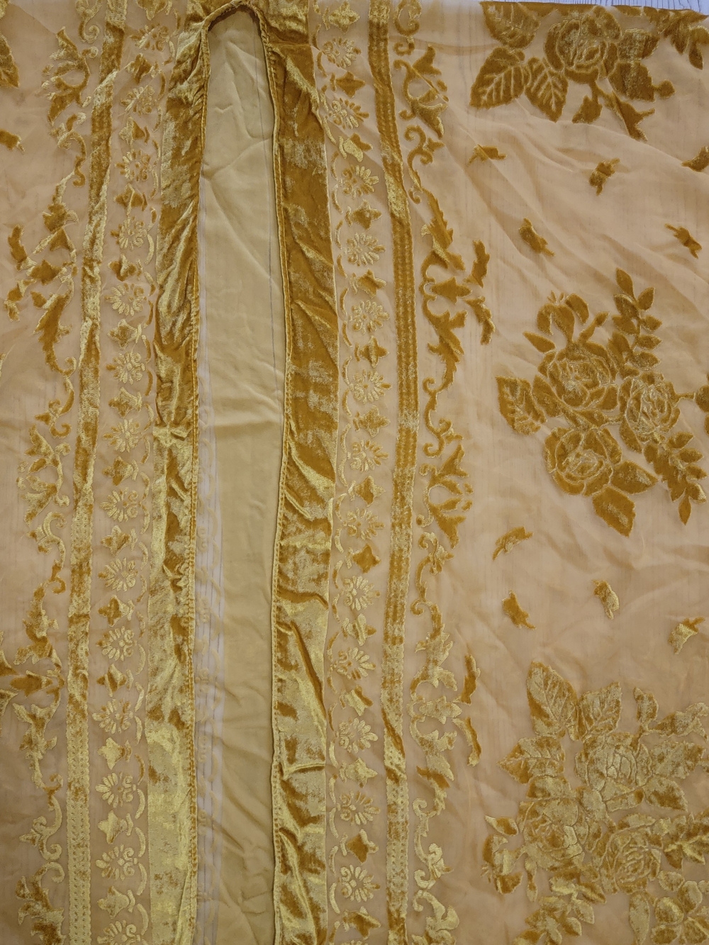 Mustard Gold Floral Velvet Burnout Sheer Duster Kimono Cape One Size Whimsical - Picture 4 of 6